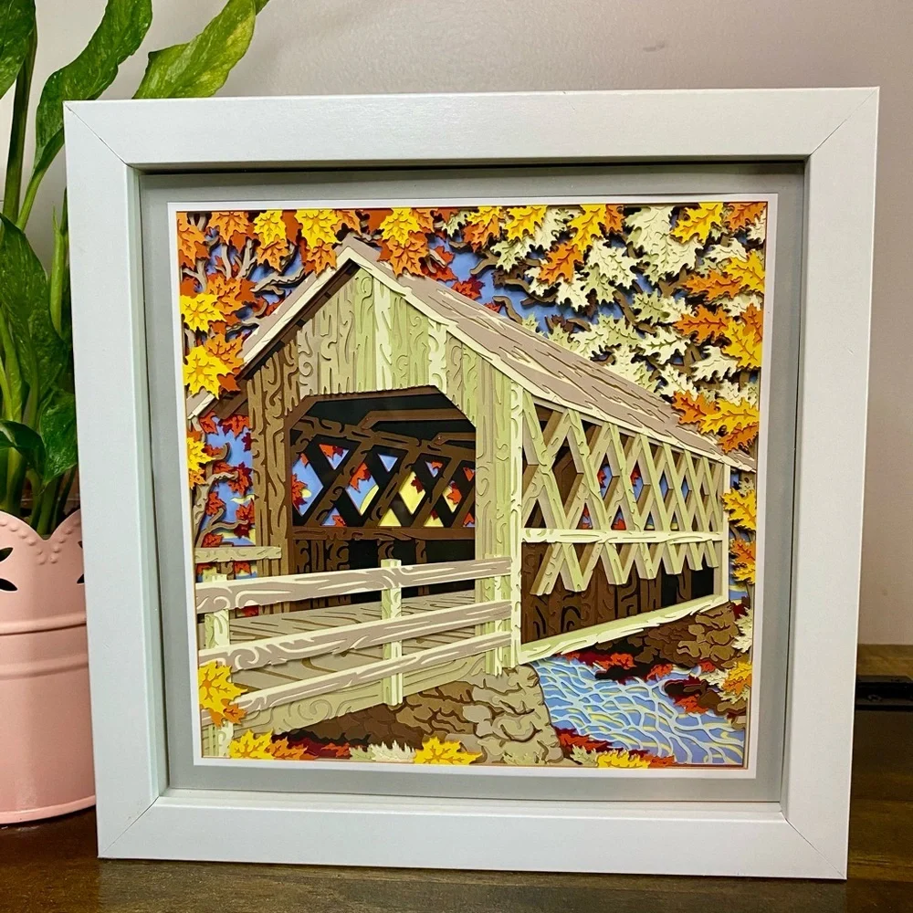 3D Fall Covered Bridge Shadowbox